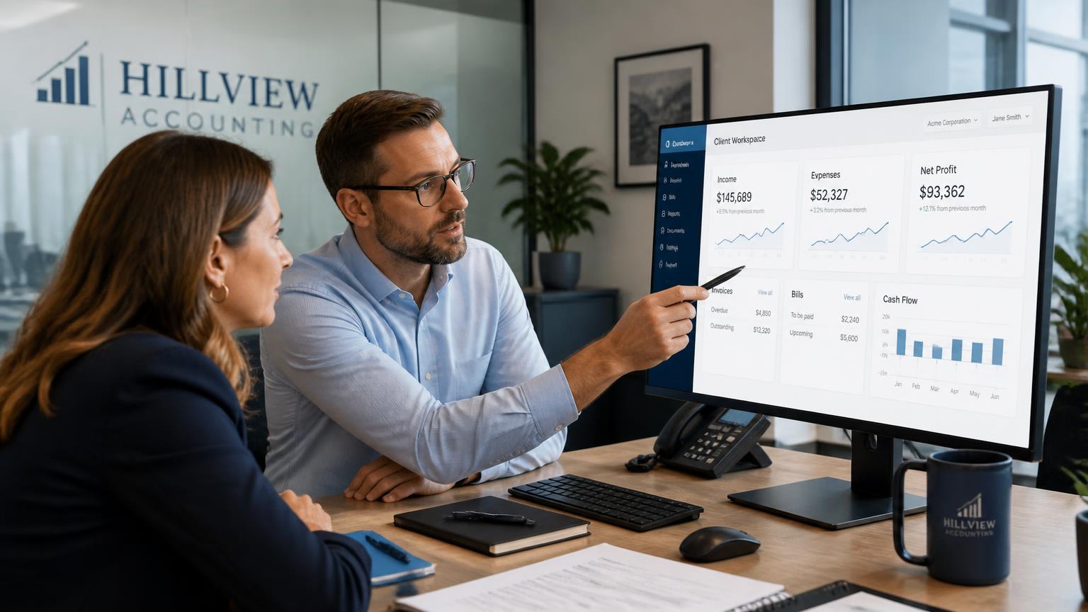Two accountants reviewing a client workspace dashboard on a large monitor in a modern office
